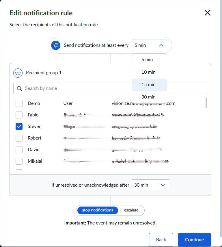 Notification rule editor showing cadence configuration options