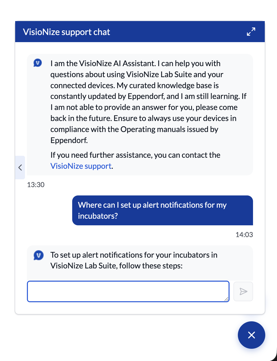VisioNize Chat Bot interface showing intelligent conversation