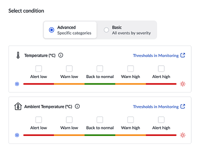Screenshot of VisioNize user interface to select event categories and severity levels.