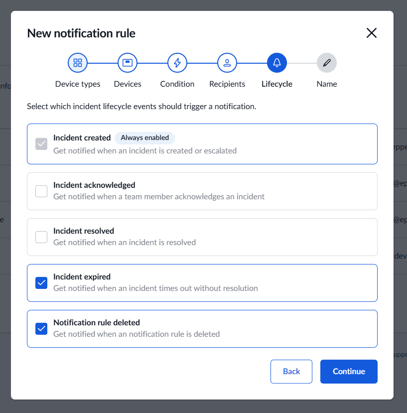 User interface screenshot to configure what incident updates to get notified about.