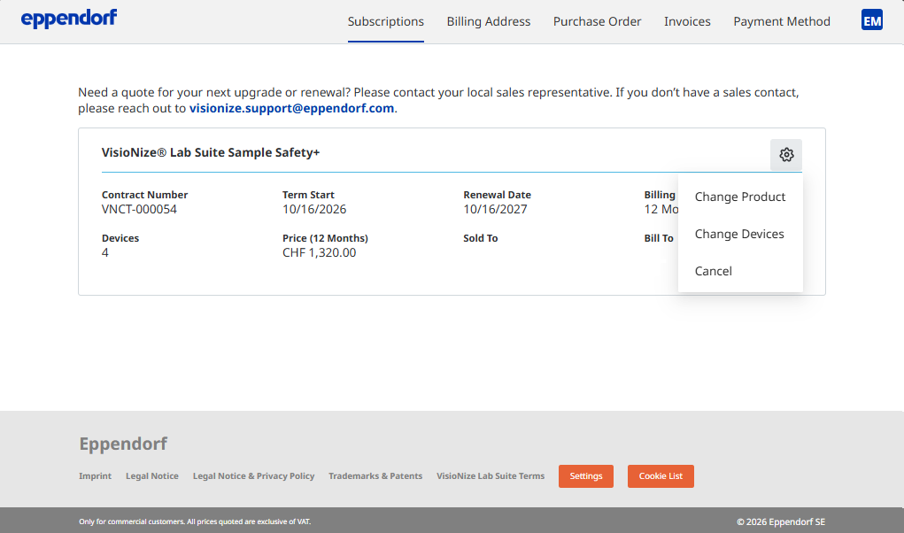 User interface screenshot from subscription management suite that shows license configuration options.